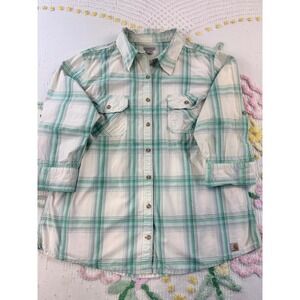 Carhartt Womens Plaid 3/4 Sleeve Button Down Shirt Green White XL 102069 338